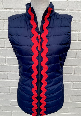 Maggie May Puffer Vest - Navy W Red Jumbo Ric Rac