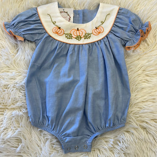 Chambray Embroidered Pumpkin Girl Bubble