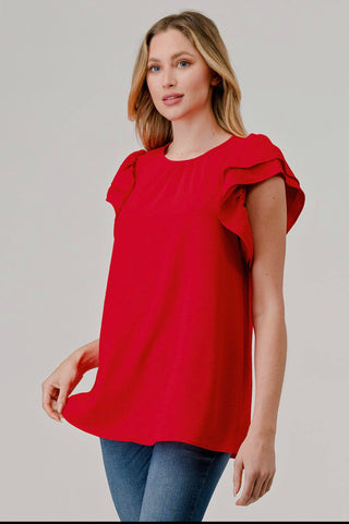 Red Chloe Double Ruffle Sleeve Top w/Crew Neck