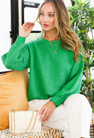 Crew Neck Long-Sleeve Waffle Knit Sweater