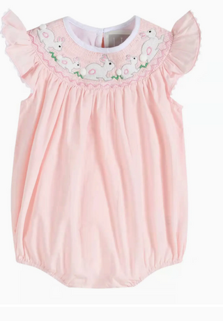 Pink Running Bunnies Smocked Flutter Romper