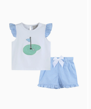 Girls Light Blue Gingham Golf Tee and Shorts 2pc Set