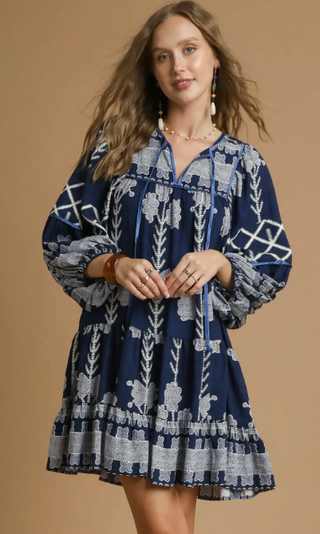 Tribal Print Dress with Tie Neck