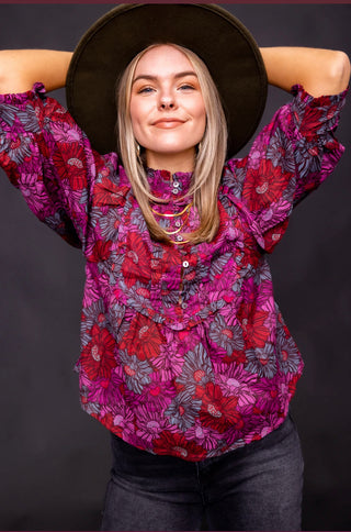 Floral Button Ruffle Puff Sleeve Top