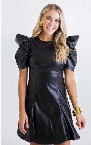 Pleather Puff Slv Dress - Black