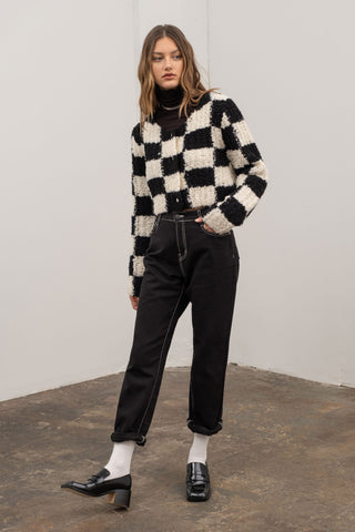 Cropped Checkered Cardigan